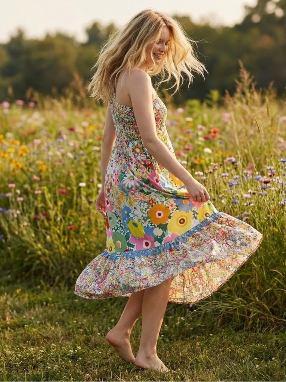 ANTHROPOLOGIE S M Sarah Campbell One Shoulder Midi Dress Ruffle Floral Motif